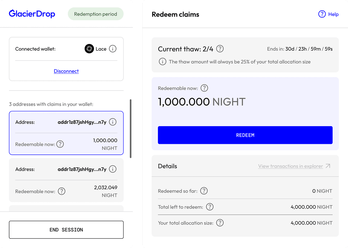 Glacier Drop redeem screen